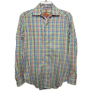 Robert Graham Checkered Embroidered Cuff Button Dress Shirt Size Small